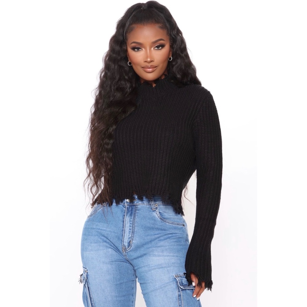 Distressed Crop Turtleneck Sweater